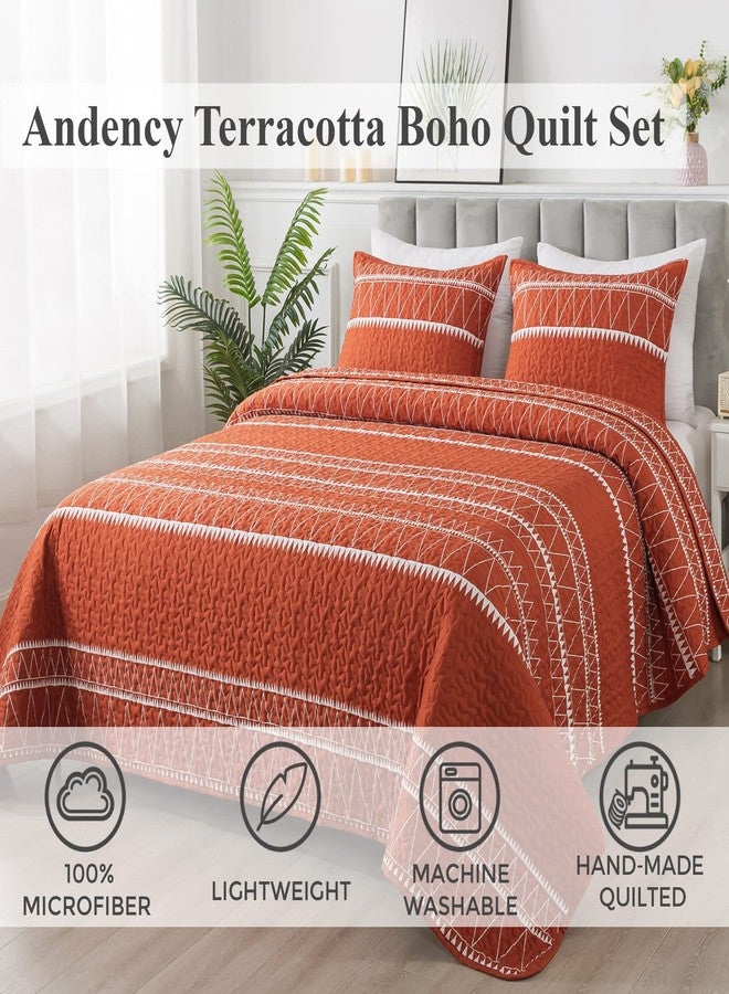 Andency Terracotta Quilts Queen Size, 3 Pieces Queen Quilt Bedding Set Boho Lightweight Soft Striped Bedspread for All Season (90"x96"), Printed Bohemian Microfiber Reversible Coverlet Comoforter Sets - Image 2