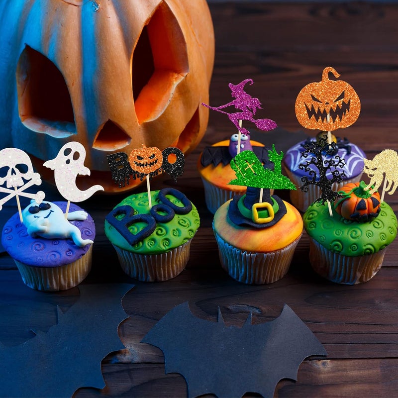 Ephlyn 24Pcs Halloween Cupcake Toppers - Pumpkin, Ghost, Witch, Bats Glitter Decorations for Baby Shower, Birthday Party Supplies - Image 4