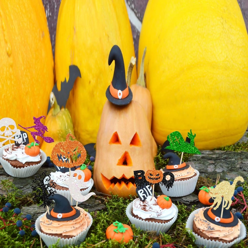 Ephlyn 24Pcs Halloween Cupcake Toppers - Pumpkin, Ghost, Witch, Bats Glitter Decorations for Baby Shower, Birthday Party Supplies - Image 5