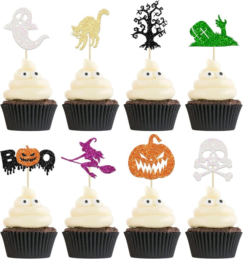 Ephlyn 24Pcs Halloween Cupcake Toppers - Pumpkin, Ghost, Witch, Bats Glitter Decorations for Baby Shower, Birthday Party Supplies - Image 1
