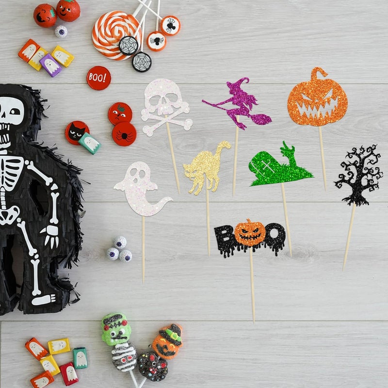 Ephlyn 24Pcs Halloween Cupcake Toppers - Pumpkin, Ghost, Witch, Bats Glitter Decorations for Baby Shower, Birthday Party Supplies - Image 3