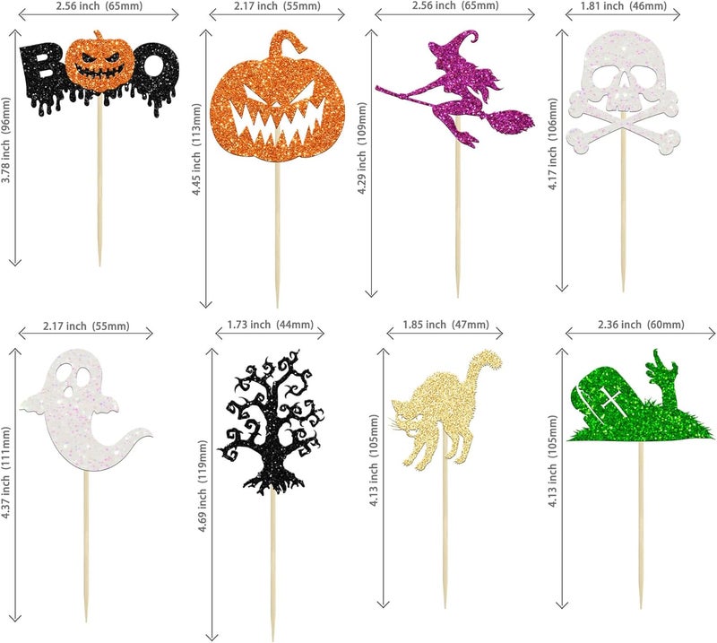 Ephlyn 24Pcs Halloween Cupcake Toppers - Pumpkin, Ghost, Witch, Bats Glitter Decorations for Baby Shower, Birthday Party Supplies - Image 2