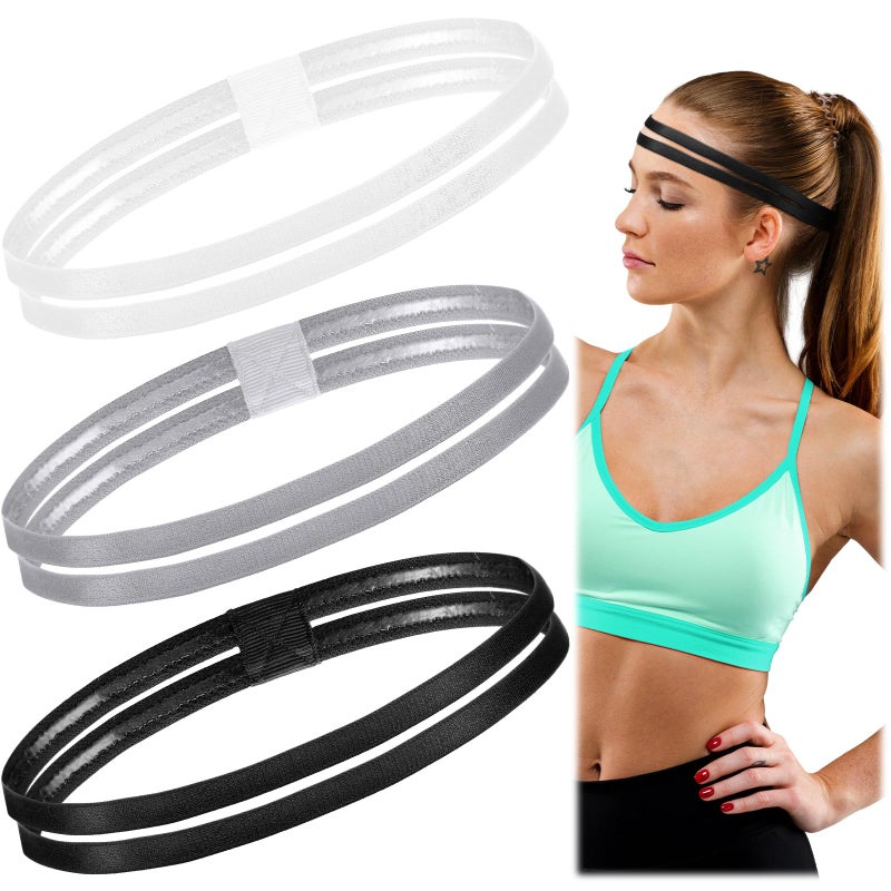 Shappy 3 Pieces DoubleStraps Sport Headbands Elastic Hairband NonSlip Sweatband for Women or MenBlack White Grey - Image 3