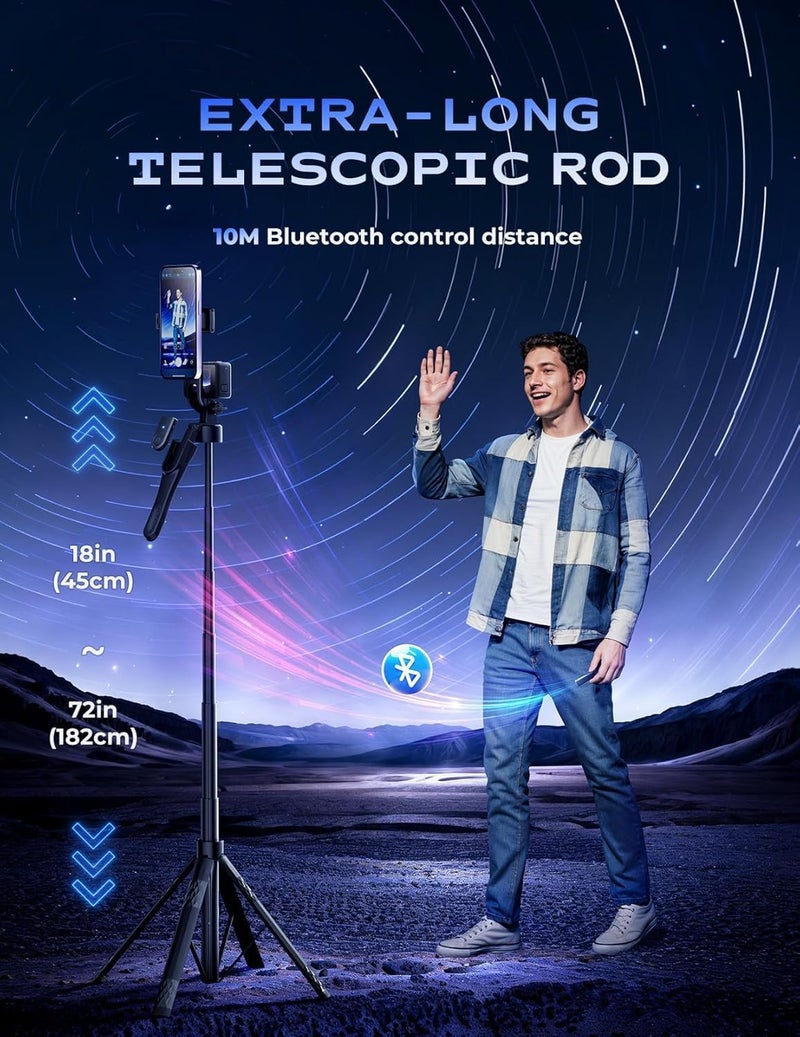 Hold Up 72 Inch Selfie Stick Tripod for Mobile & Camera | Aluminium Phone Tripod Stand with Wireless Remote | 4-Leg Stable Design | Compatible with iPhone, Android & GoPro (Black) - Image 5