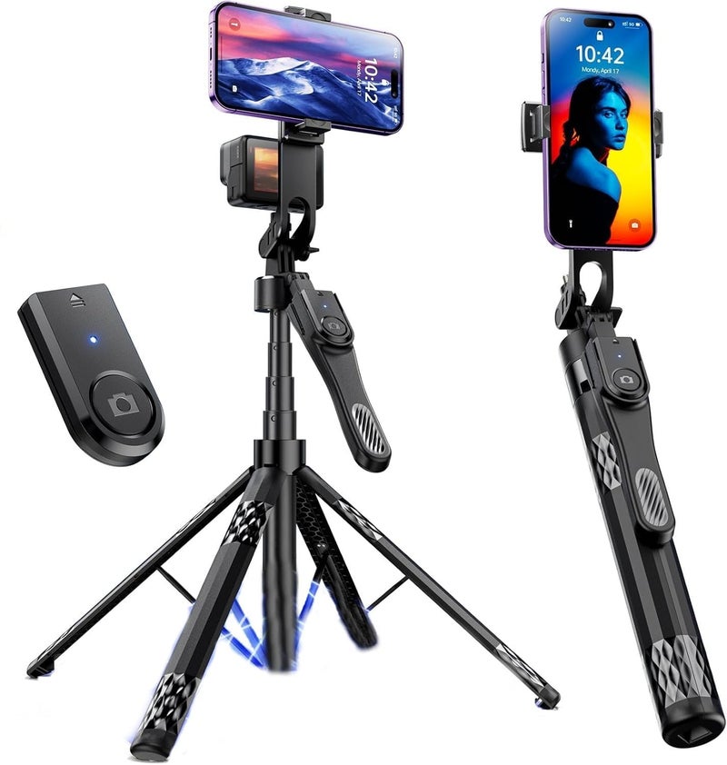 Hold Up 72 Inch Selfie Stick Tripod for Mobile & Camera | Aluminium Phone Tripod Stand with Wireless Remote | 4-Leg Stable Design | Compatible with iPhone, Android & GoPro (Black) - Image 1