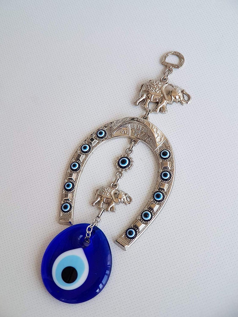 Erbulus Turkish Silver Horse Shoe Blue Evil Eye Wall Hanging Ornament with Elephant - Turkish Nazar Bead Amulet - Home Protection and Good Luck Charm Gift in a Box - Image 3