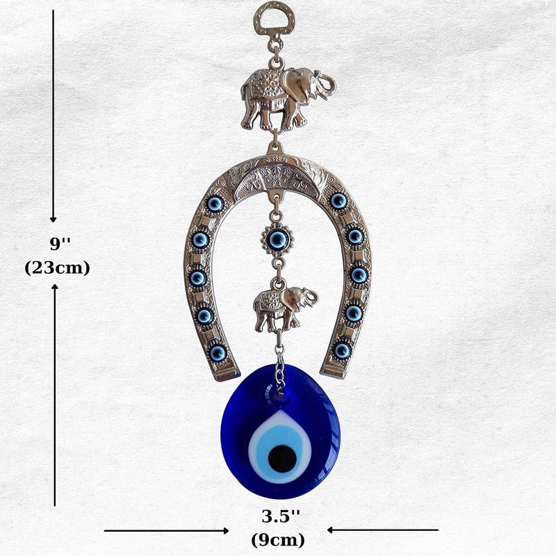 Erbulus Turkish Silver Horse Shoe Blue Evil Eye Wall Hanging Ornament with Elephant - Turkish Nazar Bead Amulet - Home Protection and Good Luck Charm Gift in a Box - Image 2
