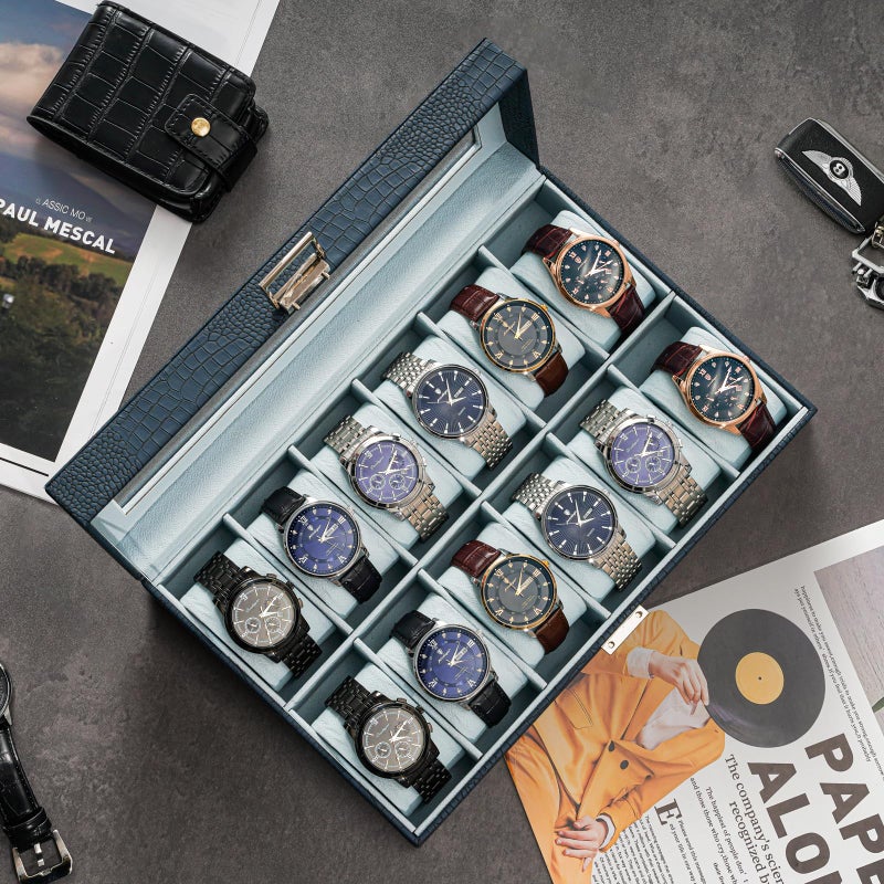 ProCase Watch Box Organizer, 12 Slot Watch Display Case With Glass Lid, Watch Storage Holder Mens Watch Case, Anniversary Birthday Valentine Gifts for Men Women -12 Slot, CrocCobaltBlue - Image 2