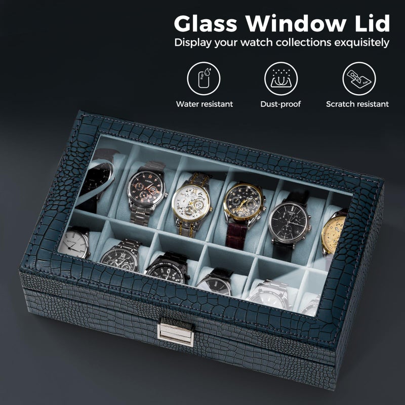 ProCase Watch Box Organizer, 12 Slot Watch Display Case With Glass Lid, Watch Storage Holder Mens Watch Case, Anniversary Birthday Valentine Gifts for Men Women -12 Slot, CrocCobaltBlue - Image 3
