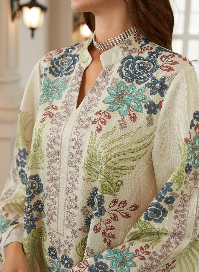 تايك تو جلابية بياقة ونسيج بارز وطبعة زهور