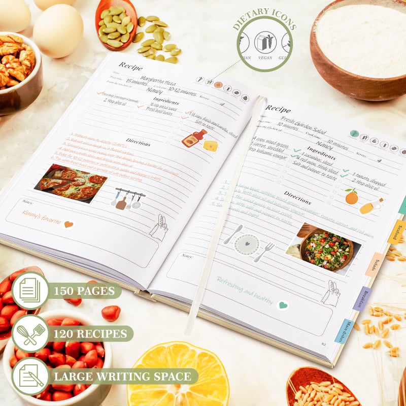 Lanpn Blank Recipe Book Cookbook to Write in Your Own Recipes, Waterproof B5 Empty Cooking Journal for 120 Recipes, Leather Cover Recipe Notebook with Stickers to Organize Your Family Recipes, Green - Image 3
