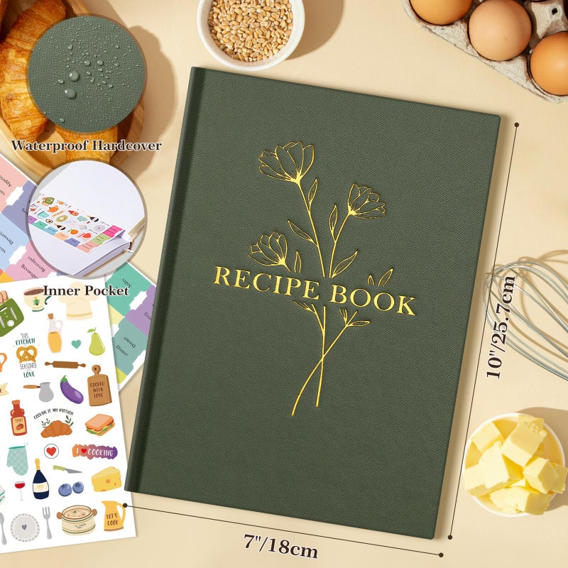 Lanpn Blank Recipe Book Cookbook to Write in Your Own Recipes, Waterproof B5 Empty Cooking Journal for 120 Recipes, Leather Cover Recipe Notebook with Stickers to Organize Your Family Recipes, Green - Image 2