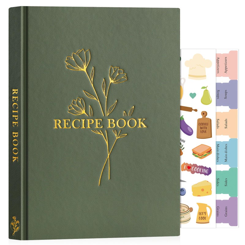 Lanpn Blank Recipe Book Cookbook to Write in Your Own Recipes, Waterproof B5 Empty Cooking Journal for 120 Recipes, Leather Cover Recipe Notebook with Stickers to Organize Your Family Recipes, Green - Image 1