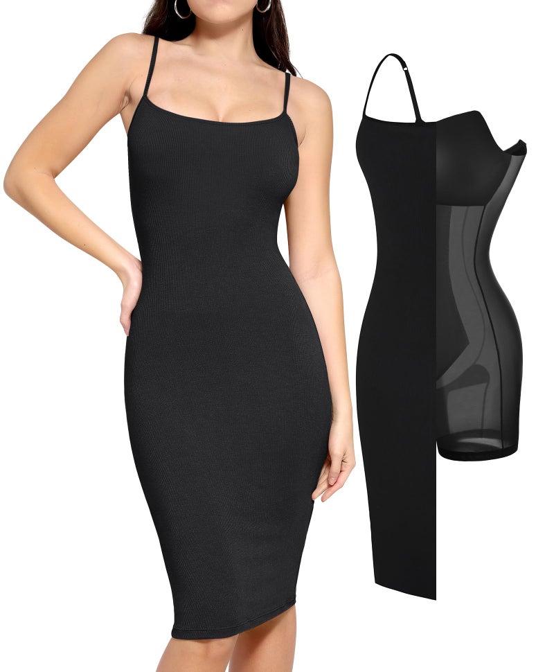 Popilush Shapewear Dress Bodycon Midi Dress Built-in Bra Summer Casual Tummy Control Slip Dress with Adjustable Straps Black - Image 2