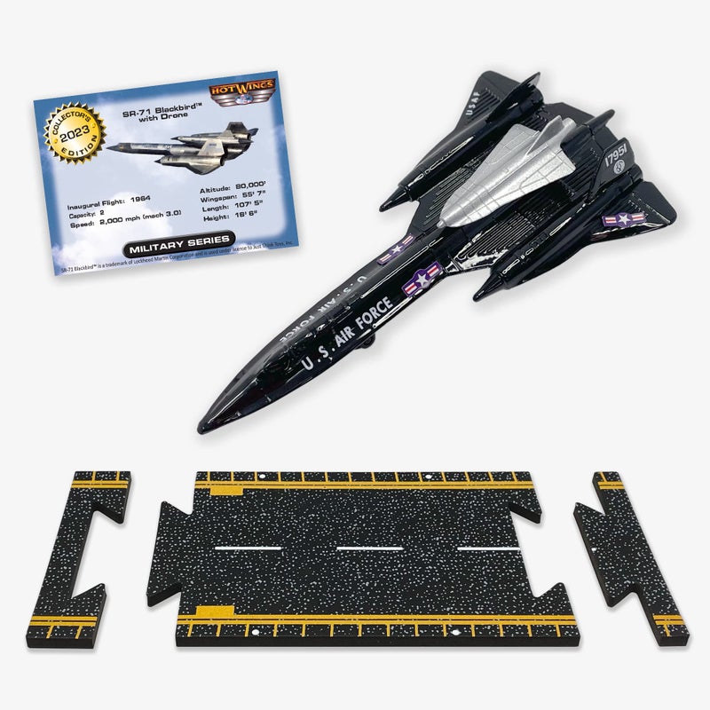 Hot Wings Planes طائرات هوت وينغز SR71 بلاك بيرد مع طائرة مسيرة ومدرج قابل للتوصيل طائرة مصنوعة من الصب في المتاحف الجوية في جميع أنحاء البلاد باللون الأسود - Image 2