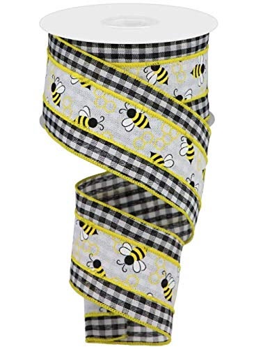 Craig Bachman 25 X10 yd 2 in 1 Bumblebees On BlackWhite Check Wired Edge Ribbon 