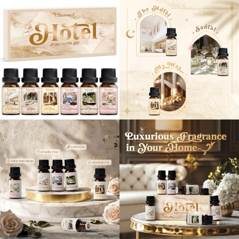 Hotel Fragrance Oil Essential Oils Gift Set Diffuser Oils Scented Oils for Soaps Candle Making - The Hotel Santal My Way Day Dream Secret Desires White Tea - Image 1