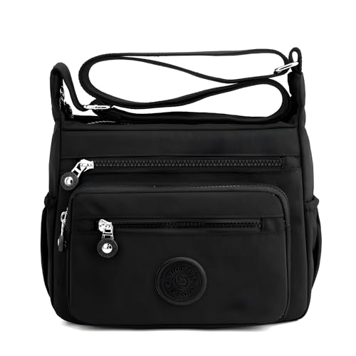 TS WITH TECHSUN Women’s Crossbody Sling Bag For Everyday Use, Nylon Shoulder Bag with Multiple Zipper Pockets, Adjustable Strap, Water Resistant Handbag for Travel, Shopping, College (Black) - Image 1