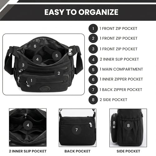 TS WITH TECHSUN Women’s Crossbody Sling Bag For Everyday Use, Nylon Shoulder Bag with Multiple Zipper Pockets, Adjustable Strap, Water Resistant Handbag for Travel, Shopping, College (Black) - Image 3