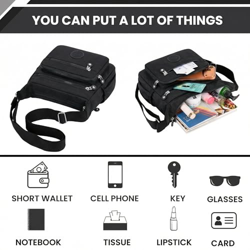 TS WITH TECHSUN Women’s Crossbody Sling Bag For Everyday Use, Nylon Shoulder Bag with Multiple Zipper Pockets, Adjustable Strap, Water Resistant Handbag for Travel, Shopping, College (Black) - Image 5