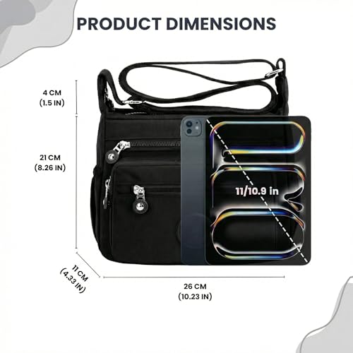 TS WITH TECHSUN Women’s Crossbody Sling Bag For Everyday Use, Nylon Shoulder Bag with Multiple Zipper Pockets, Adjustable Strap, Water Resistant Handbag for Travel, Shopping, College (Black) - Image 2