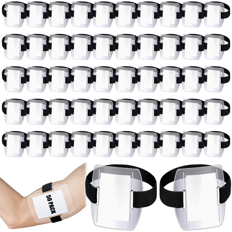 Meanplan 50 Pcs Arm Badge Holder Armband ID Badge Holder Bulk Visibility PVC with Adjustable Belt Elastic Armband Clear Name Tag for Work Pass Postcards Universal SizeBlack