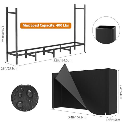 CADUKE Firewood Rack Outdoor with Cover 5.3ft Firewood Log Rack for Fireplace Wood Storage Fire Log Holder Indoors Adjustable Heavy Duty Fire Wood Rack Stand, Black Waterproof Oxford Fabric - Image 2