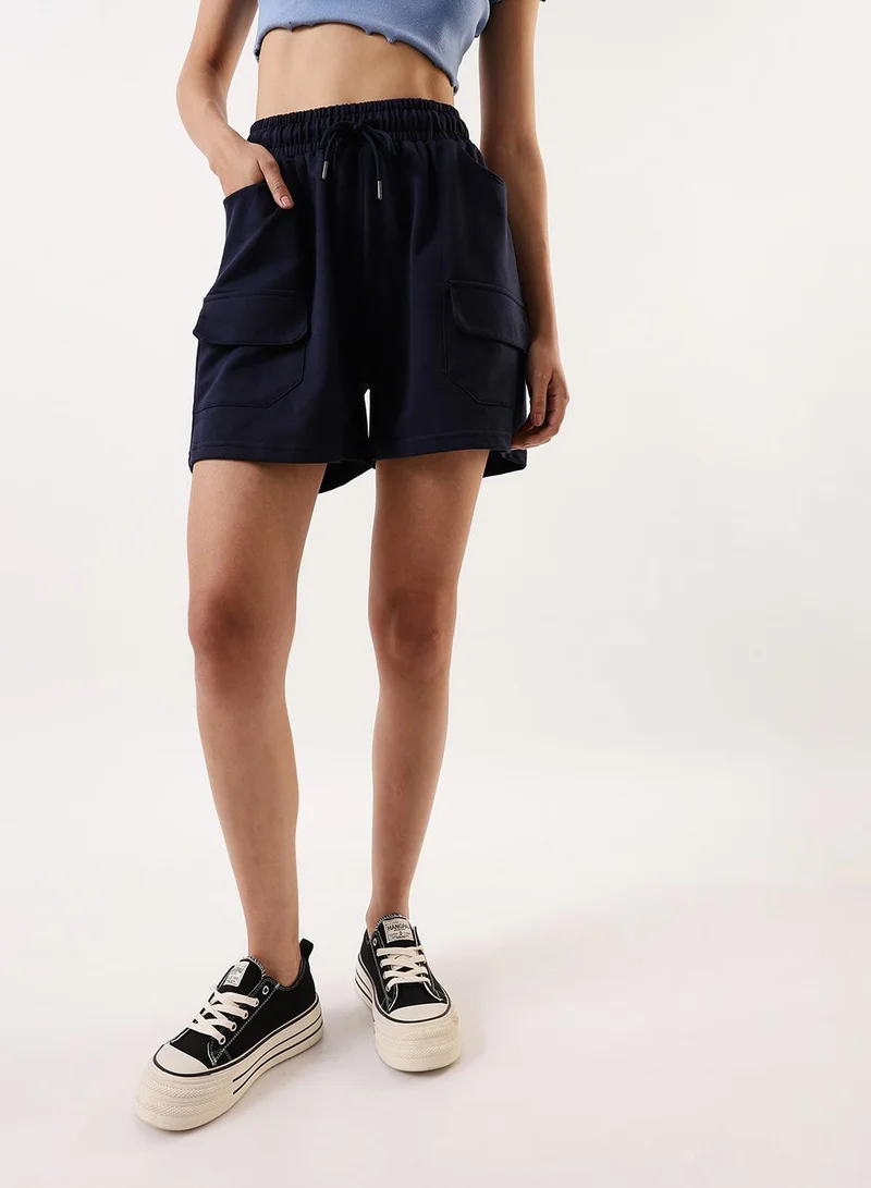 Dennis Lingo Women's Navy Cotton Blend Solid Cropped Athleisure Relaxed Athleisure Shorts