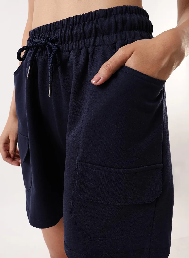 Dennis Lingo Women's Navy Cotton Blend Solid Cropped Athleisure Relaxed Athleisure Shorts