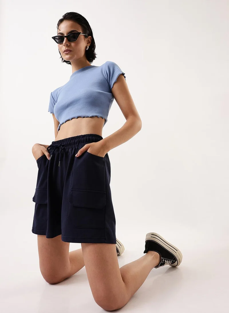 Dennis Lingo Women's Navy Cotton Blend Solid Cropped Athleisure Relaxed Athleisure Shorts