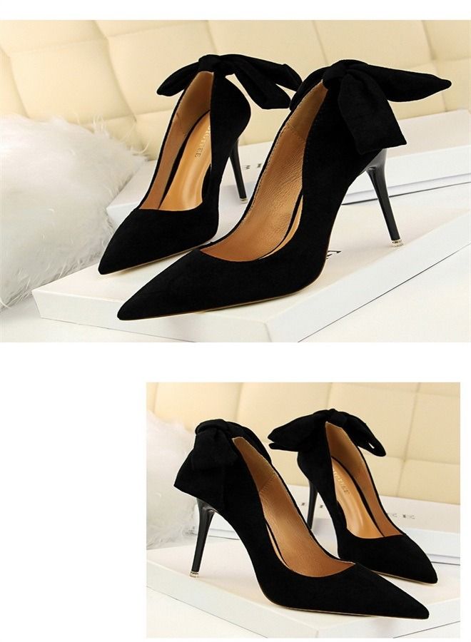 BIGTREE Suede Shallow Pointed High Heels 10.5CM Black - Image 2