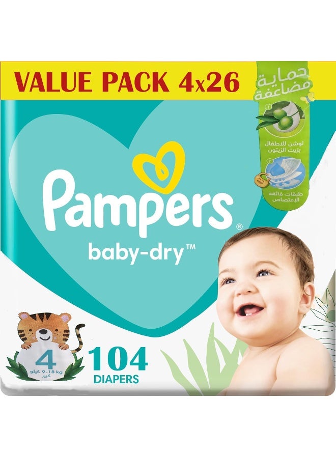 Pampers Baby Dry Taped Diapers, Size 4, 9-18 kg, Baby Lotion with Olive Oil, 104 Diapers - Image 1