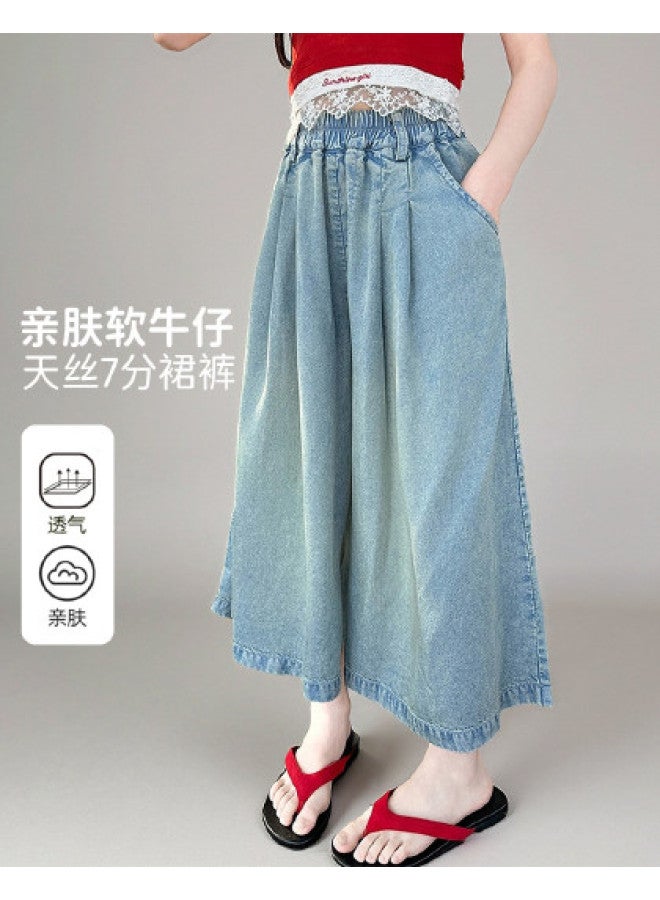Bumblebee Girls' Denim Cropped Pants Loose Wide-leg 2025 New Arrival Children's Summer Outfit Thin Fabric For Big Girls - Image 1