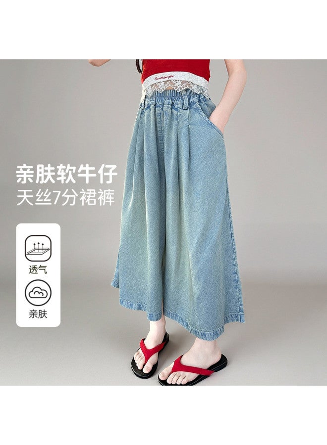 Bumblebee Girls' Denim Cropped Pants Loose Wide-leg 2025 New Arrival Children's Summer Outfit Thin Fabric For Big Girls - Image 2