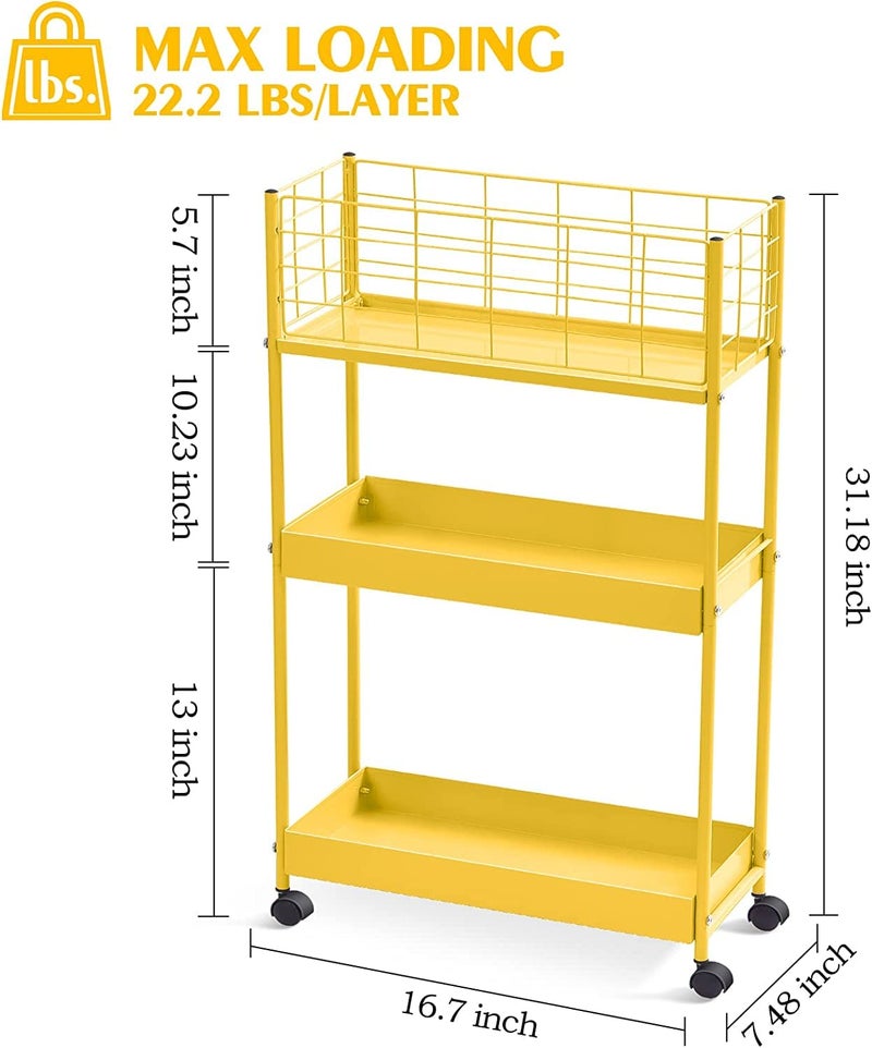 Generic Indian Decor 89120 Slim Storage Cart3Tier Metal Utility Rolling Cart Lockable Wheels Storage Craft Art Cart Trolley Organizer Serving Cart Bathroom Living Room Kids Room ClassroomYellow  - Image 3