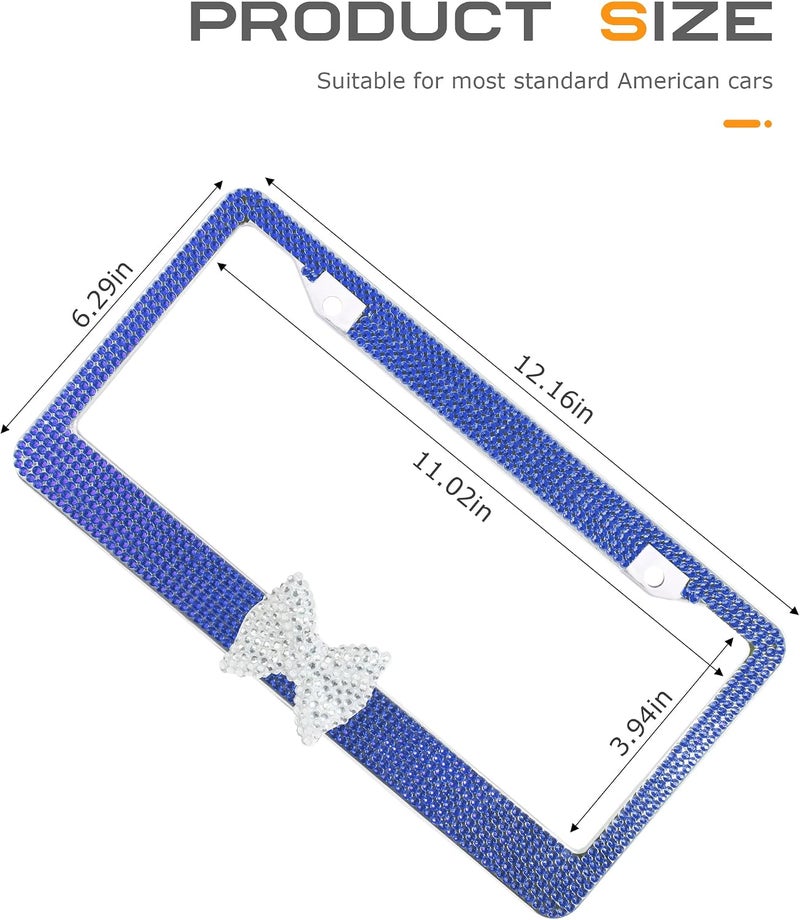SCUARI Car Rhinestone License Plate Frame,Bling License Plate Frame,Cute Girly Car Accessories,Shiny Rhinestones Premium Licenses Plates Holder with Mounting Bolts,Fits Cars,SUVs (Dark Blue&White) - Image 2