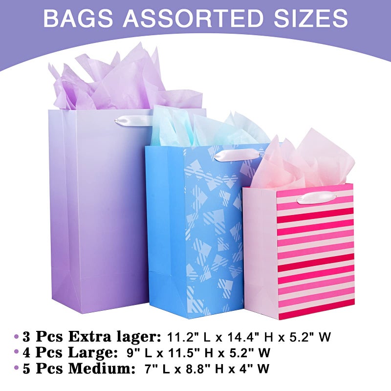 Plauthus 12 Pack Gift Bags Assorted Sizes and Designs, Gift Bags Bulk with Tissue Paper (5 Medium 8", 4 Large 11", 3 Extra Large 14") for Birthday, Baby Showers, Bridal Showers, Easter Day Any Occasion - Image 5