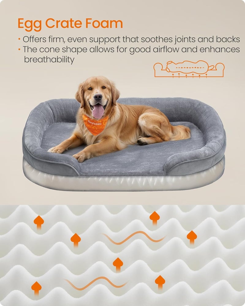 Feandrea Dog Bed, Large Orthopaedic Dog Sofa Bed, 106 x 76 x 18 cm, Egg Crate Foam, Waterproof Liner, Raised Edges, Removable and Machine Washable Cover, Non-Slip, Light Grey - Image 3