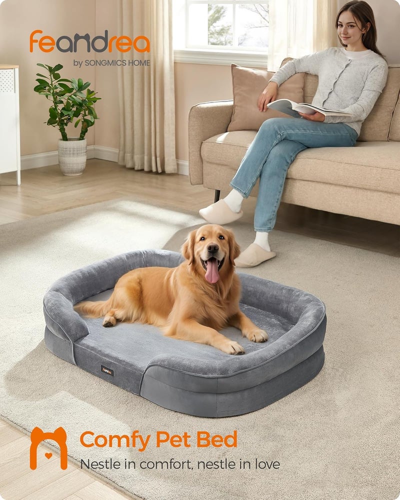 Feandrea Dog Bed, Large Orthopaedic Dog Sofa Bed, 106 x 76 x 18 cm, Egg Crate Foam, Waterproof Liner, Raised Edges, Removable and Machine Washable Cover, Non-Slip, Light Grey - Image 1
