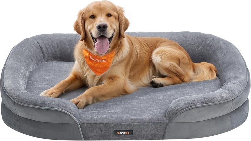 Feandrea Dog Bed, Large Orthopaedic Dog Sofa Bed, 106 x 76 x 18 cm, Egg Crate Foam, Waterproof Liner, Raised Edges, Removable and Machine Washable Cover, Non-Slip, Light Grey - Image 2
