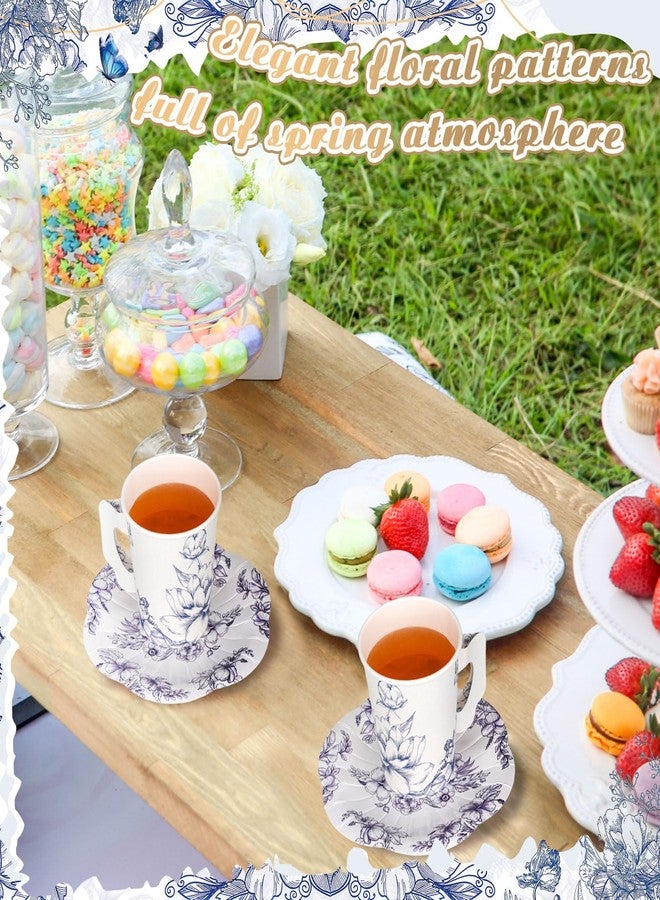 Vesici 150 Pcs Tea Party Decorations for Tables 9 oz Floral Disposable Paper Tea Cups with Handles Plates Saucers Napkins for Summer Spring Party(Charming Style) - Image 5