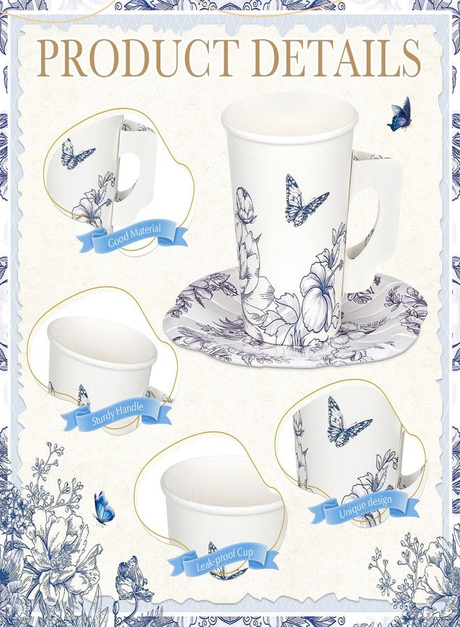 Vesici 150 Pcs Tea Party Decorations for Tables 9 oz Floral Disposable Paper Tea Cups with Handles Plates Saucers Napkins for Summer Spring Party(Charming Style) - Image 3