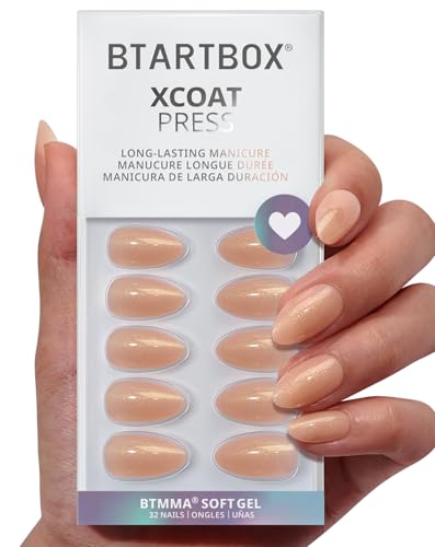 BTArtbox Press On Nails Short LampCurable Sparkly Almond Press On Nails with Glue for Women SemiTransparent Soft Gel Glue On Nails in 16 Sizes 32 Stick On Nails Kit Glow Mates - Image 1