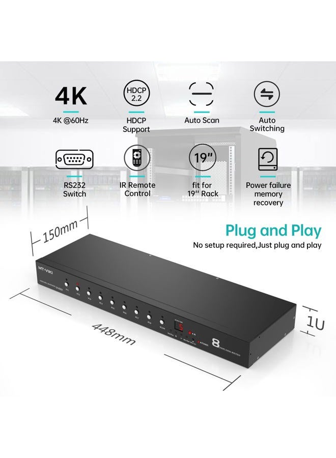 MT-VIKI 4K60Hz 8 Port HDMI Switch 8 in 1 Out with IR Remote Control Auto Scan 1U Rackmount HDR HDCP2.2 RS-232 4:4:4 - Image 2