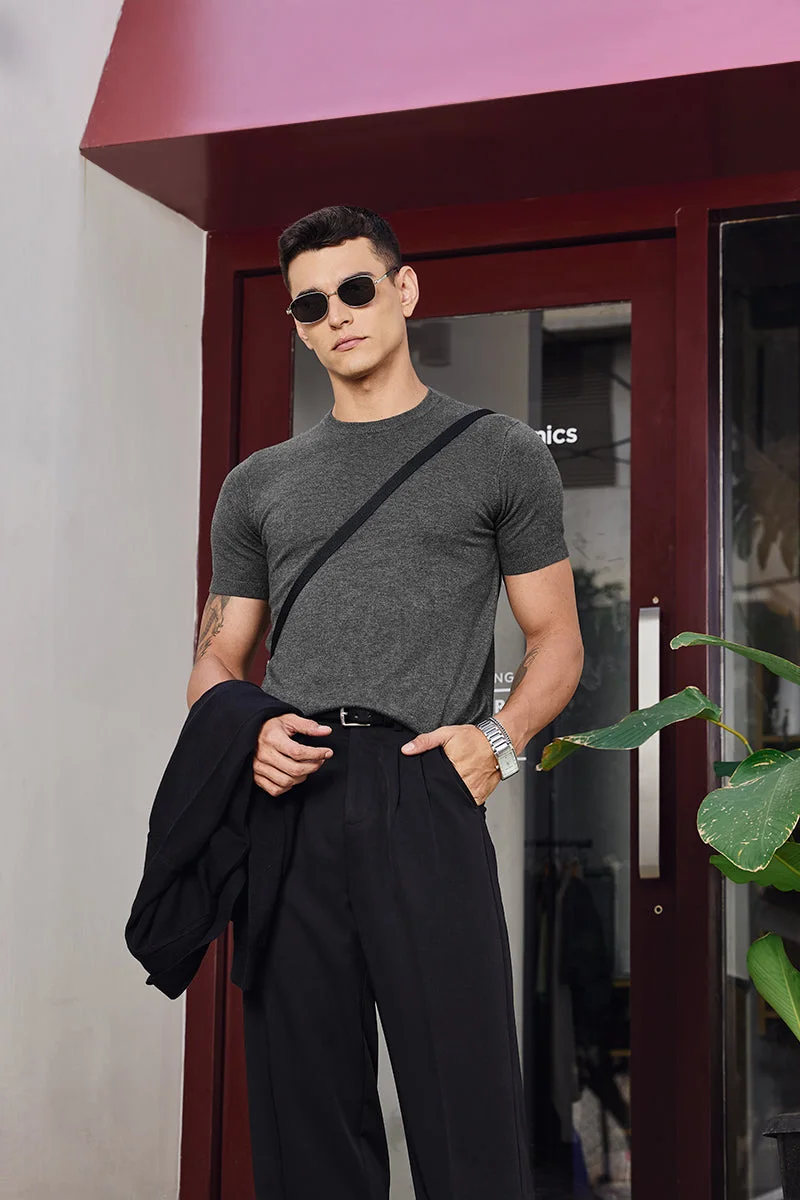 SNITCH Core Lab Grey Flat Knit Slim Fit T-Shirt