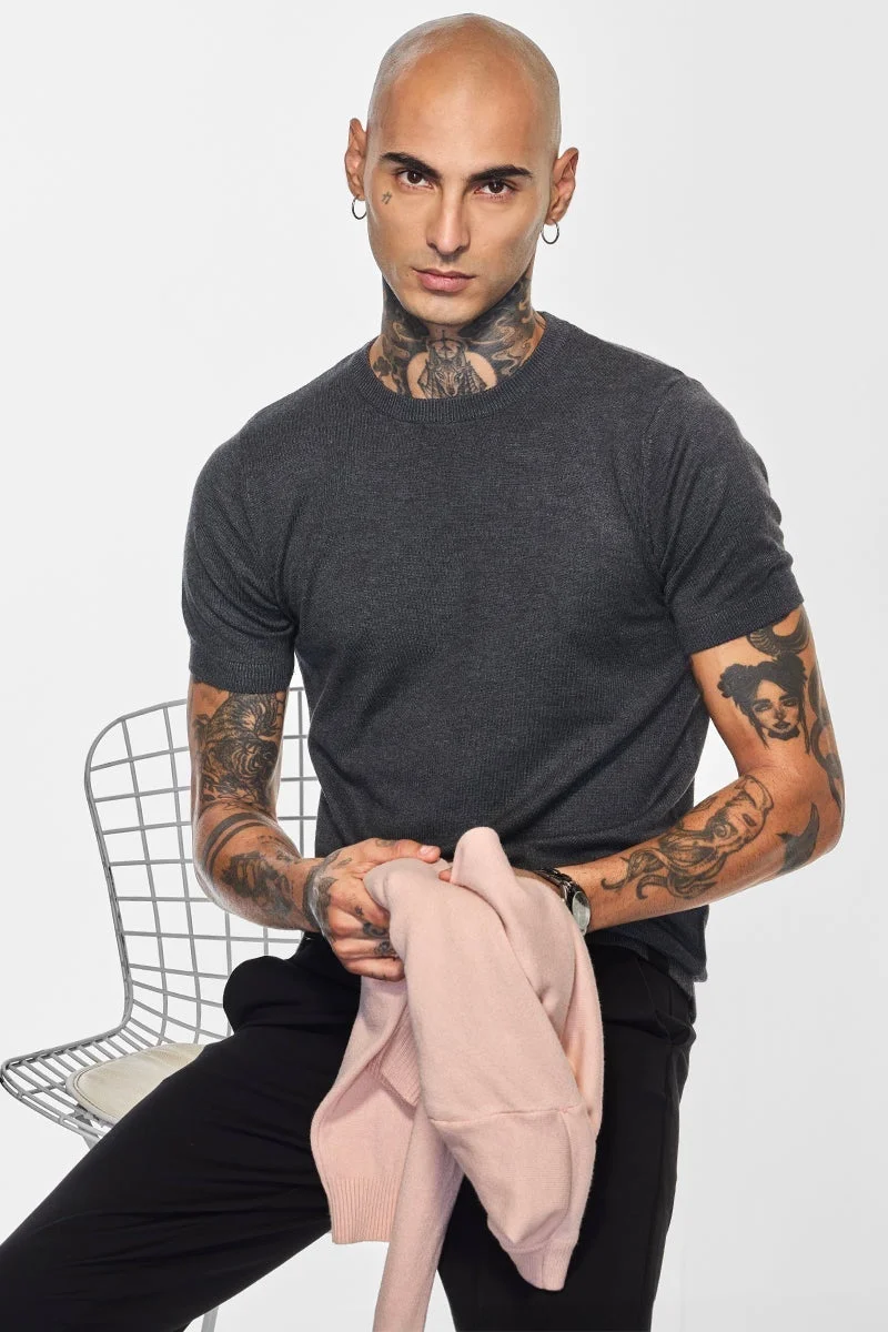 SNITCH Core Lab Grey Flat Knit Slim Fit T-Shirt