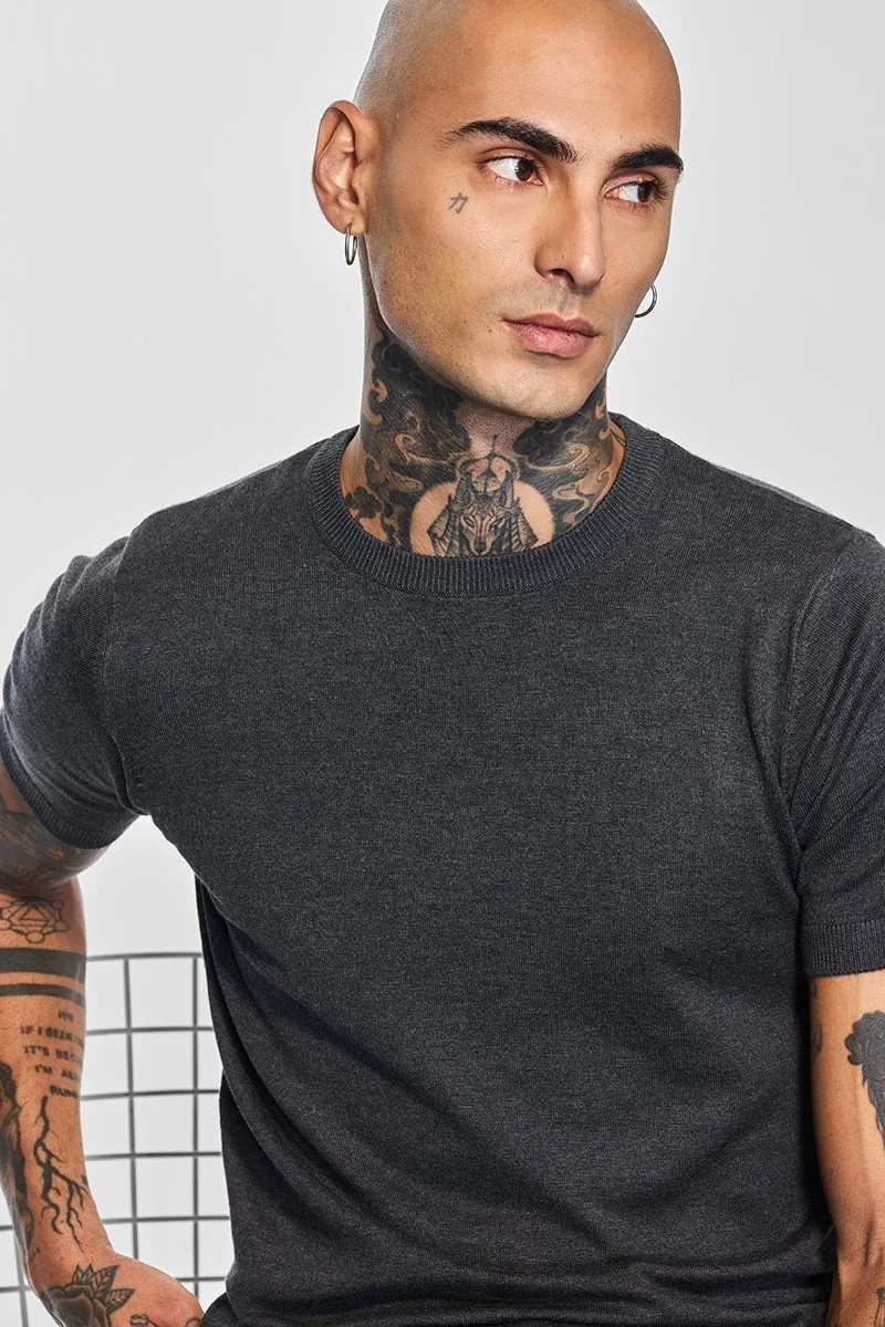 SNITCH Core Lab Grey Flat Knit Slim Fit T-Shirt