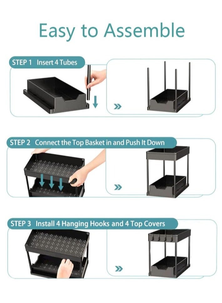HOOPZOZA Under Sliding Cabinet Basket Organizer 2 Tier Storage Under Cabinet Bathroom Under Sink Organizers Storage Black Under Sink Storage Multi Purpose Storage Shelf for Kitchen Office - Image 4