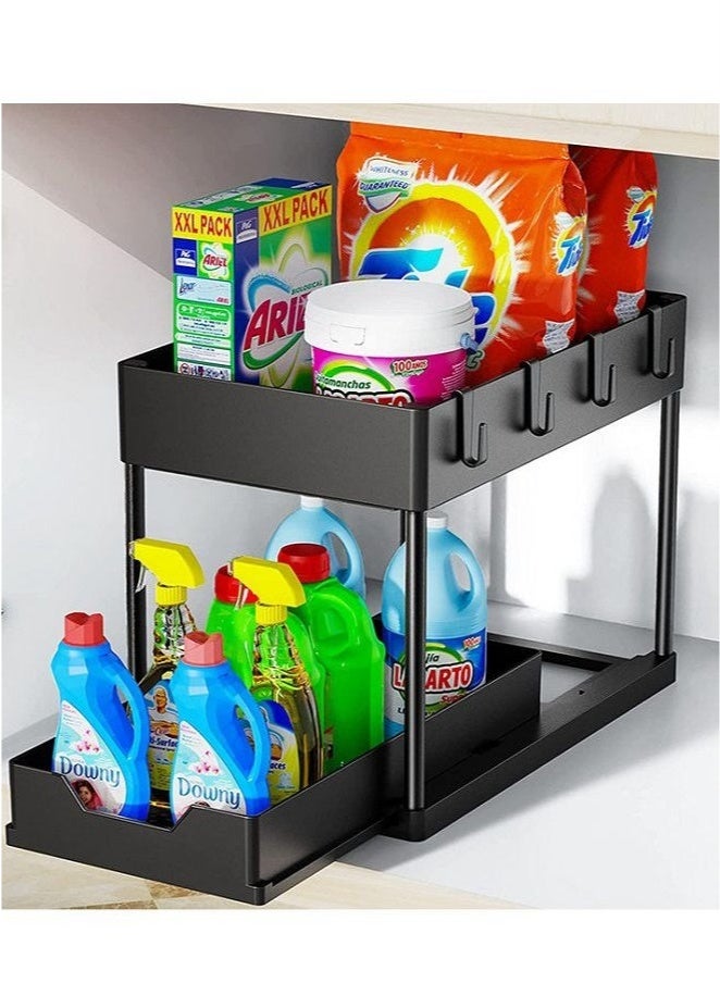 HOOPZOZA Under Sliding Cabinet Basket Organizer 2 Tier Storage Under Cabinet Bathroom Under Sink Organizers Storage Black Under Sink Storage Multi Purpose Storage Shelf for Kitchen Office - Image 1