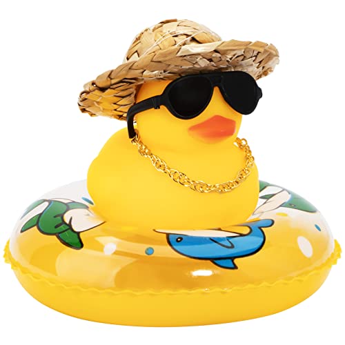 wonuu Car Rubber Duck, Yellow Duck Decoration Dashboard with Sun Hat Swim Ring Necklace Sunglasses for Car Dashboard Decorations - Image 1